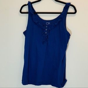 Navy Ruffle Front Popover Tank